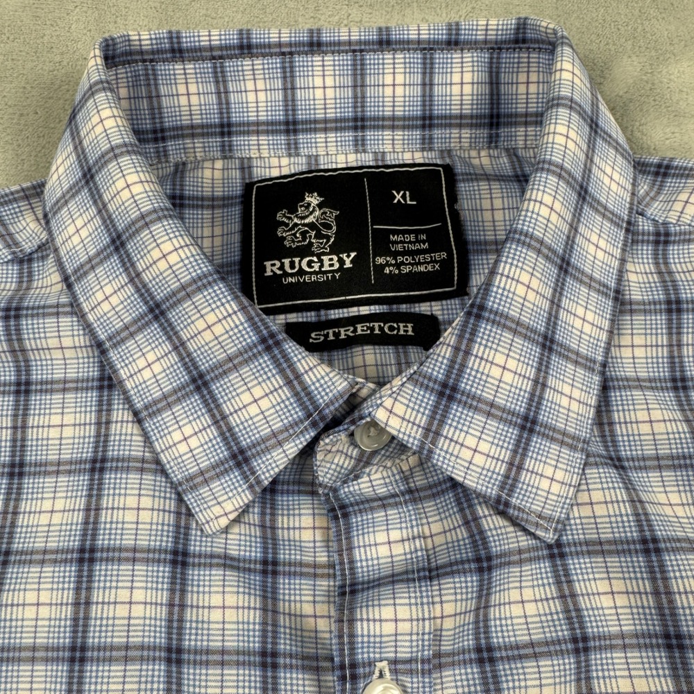 Rugby University Men's Blue White Plaid Stretch Long Sleeve Button Down Shirt XL - Picture 1 of 9